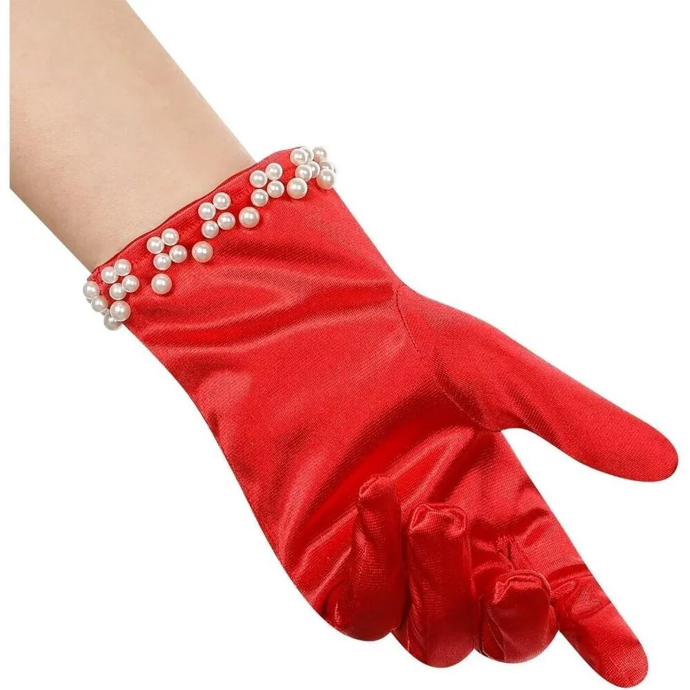 Women's Purple Satin Pearl Short Length Wrist Gloves Wedding Banquet Party Prom